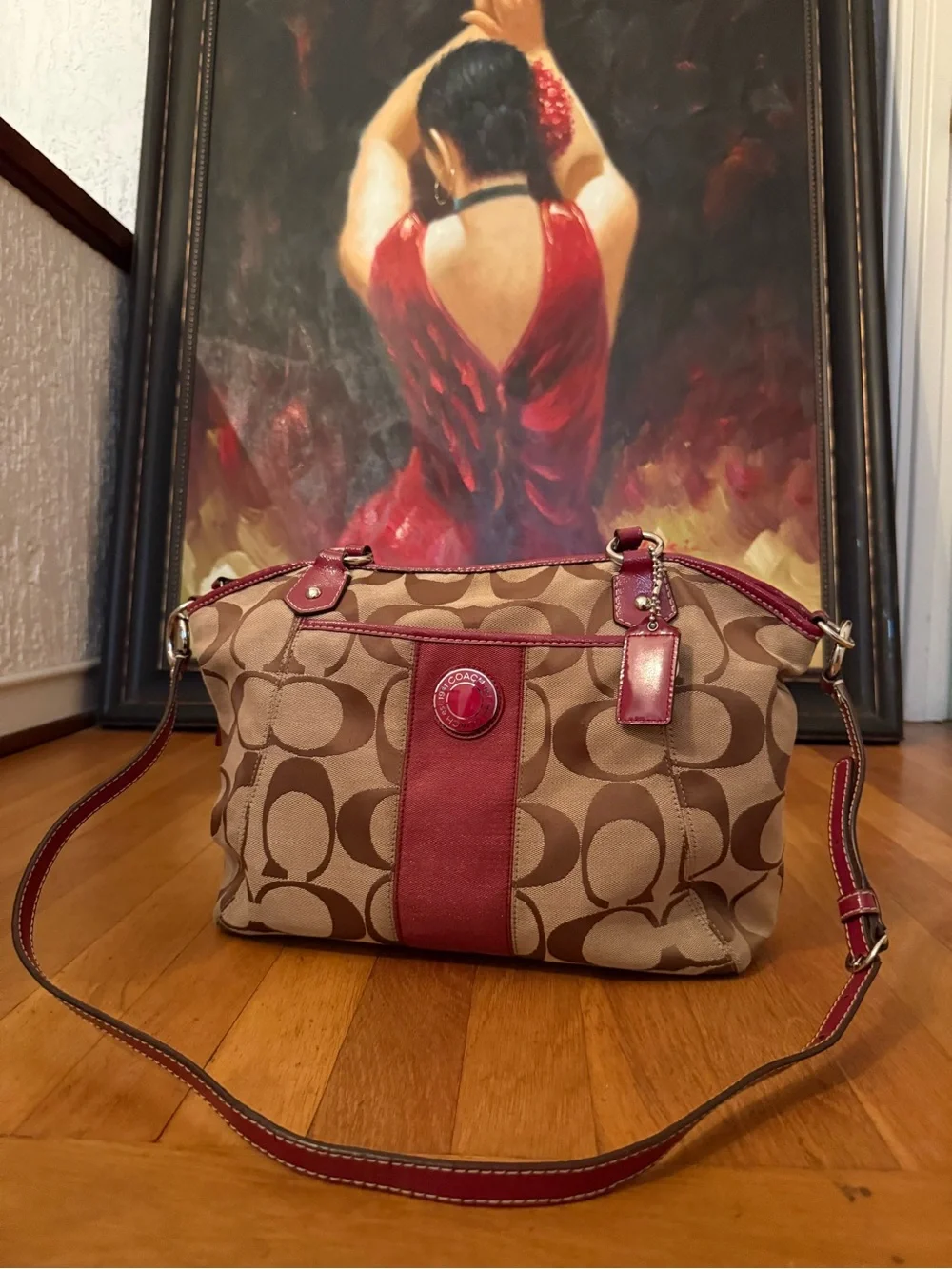 Coach Beige Signature Canvas Shoulder Bag with Red Trim